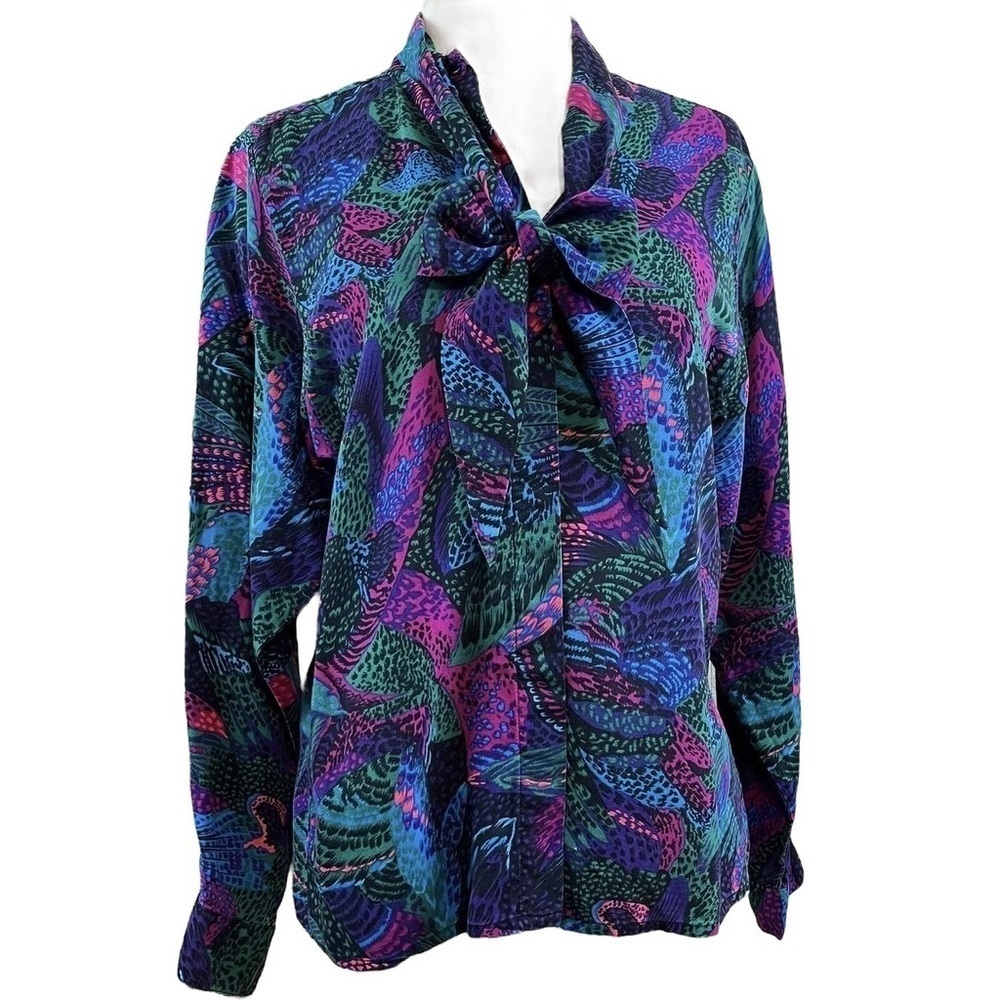 Vtg 80s TanJay Animal Abstract Tie Bow Buttoned Top Purple Pink Blue Size 8